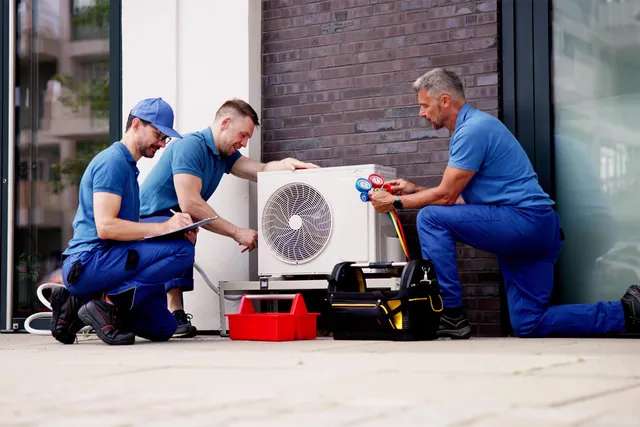 An HVAC technician servicing an outdoor unit