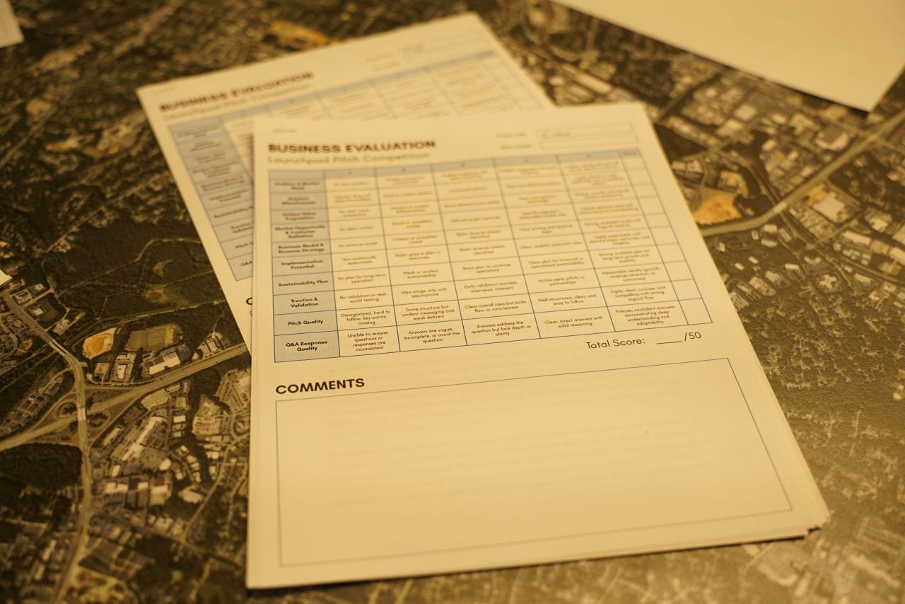The business evaluation scoring sheets used by the judges